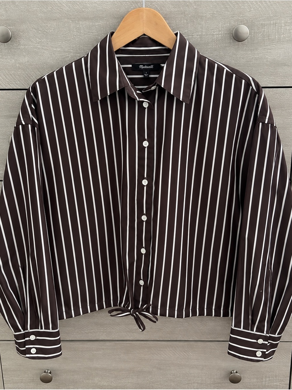 Madewell Drawstring Poplin Button-Up Shirt Chocolate Plum Stripe Size S - Picture 2 of 11